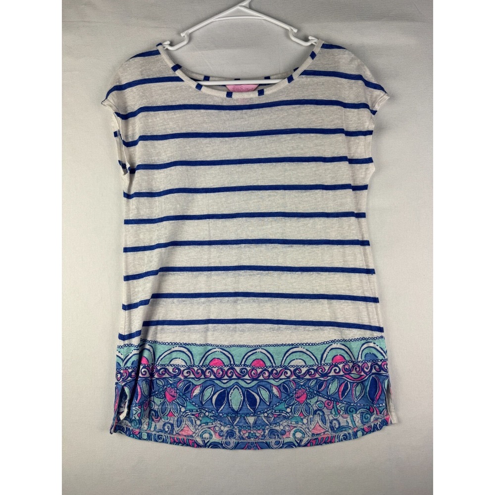 Lilly Pulitzer 100% Linen Blouse Womens‎ SStriped Beachy Tropical Short Sleeve